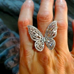 18k White Gold Diamond Butterfly Statement Ring with Adjustable Band